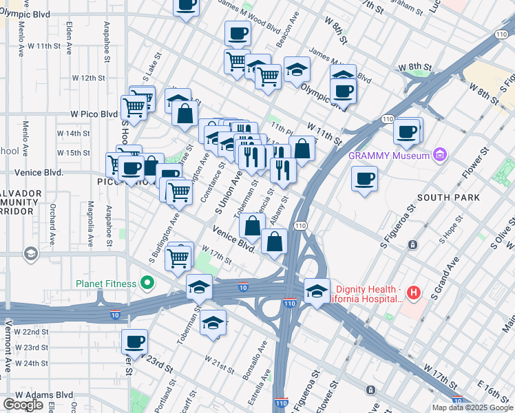 map of restaurants, bars, coffee shops, grocery stores, and more near 1356 Toberman Street in Los Angeles