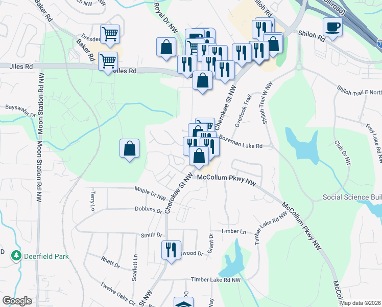 map of restaurants, bars, coffee shops, grocery stores, and more near 1311 Shiloh Terrace Northwest in Kennesaw
