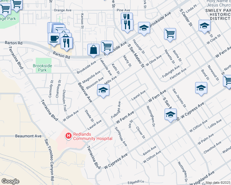 map of restaurants, bars, coffee shops, grocery stores, and more near 1310 San Pablo Avenue in Redlands