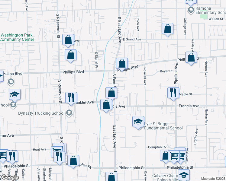 map of restaurants, bars, coffee shops, grocery stores, and more near 11587 South East End Avenue in Chino