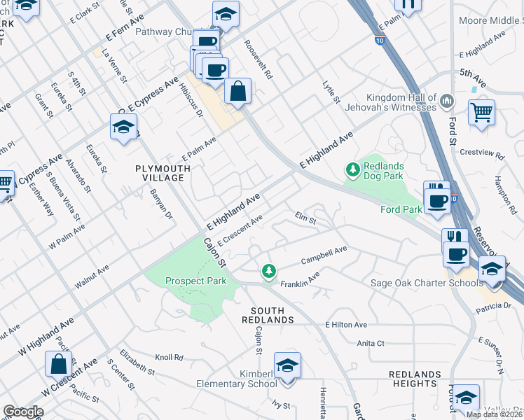 map of restaurants, bars, coffee shops, grocery stores, and more near 259 East Crescent Avenue in Redlands