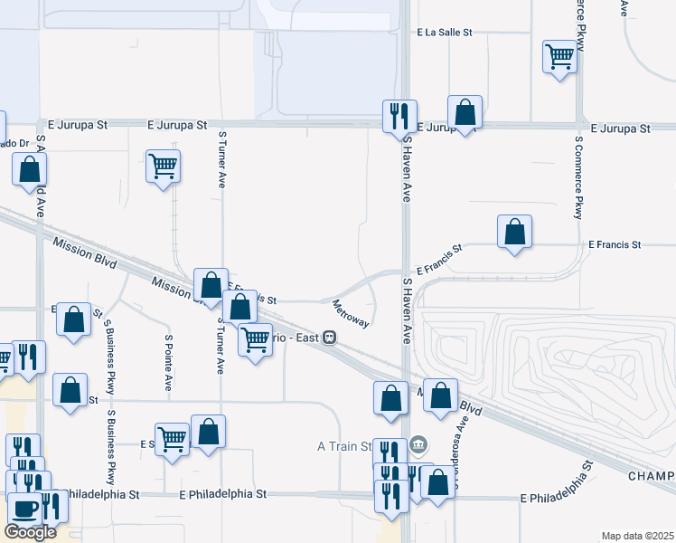 map of restaurants, bars, coffee shops, grocery stores, and more near 3371 East Francis Street in Ontario