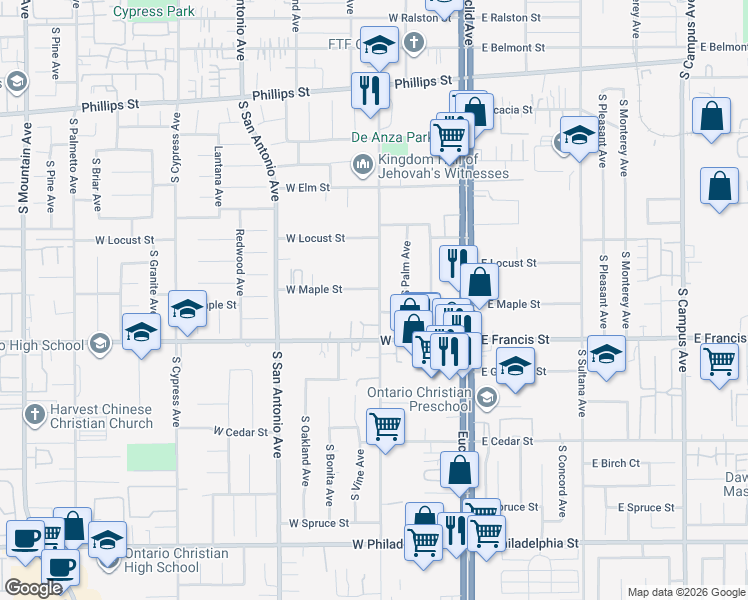 map of restaurants, bars, coffee shops, grocery stores, and more near 415 West Maple Court in Ontario