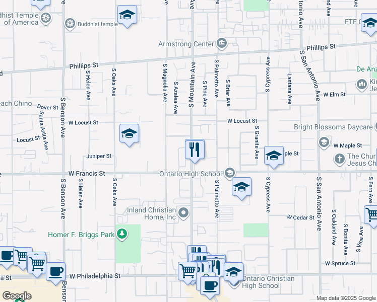 map of restaurants, bars, coffee shops, grocery stores, and more near 1710 South Mountain Avenue in Ontario