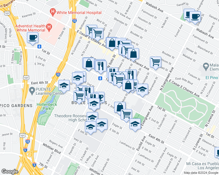 map of restaurants, bars, coffee shops, grocery stores, and more near 124 South Mathews Street in Los Angeles