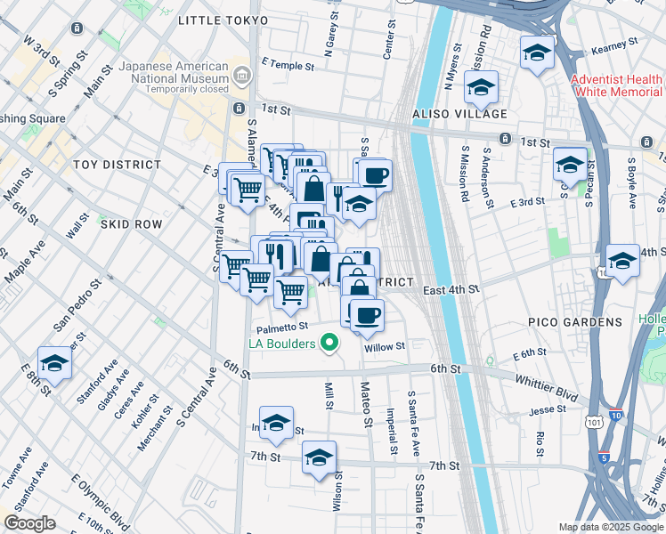 map of restaurants, bars, coffee shops, grocery stores, and more near 415 Molino Street in Los Angeles