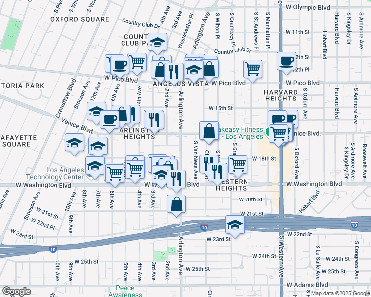map of restaurants, bars, coffee shops, grocery stores, and more near 1629 South Van Ness Avenue in Los Angeles
