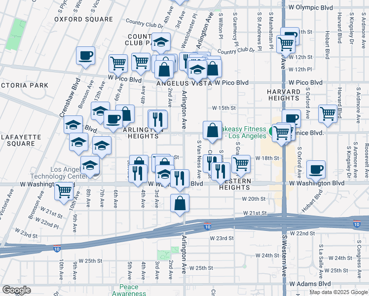 map of restaurants, bars, coffee shops, grocery stores, and more near 1629 South Van Ness Avenue in Los Angeles