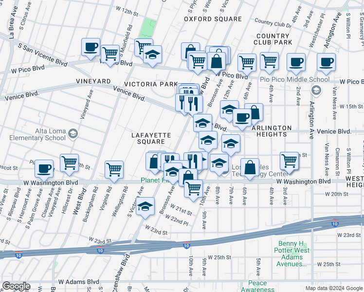 map of restaurants, bars, coffee shops, grocery stores, and more near 1732 Crenshaw Boulevard in Los Angeles
