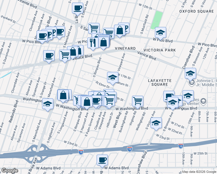 map of restaurants, bars, coffee shops, grocery stores, and more near 4624 Saint Elmo Drive in Los Angeles