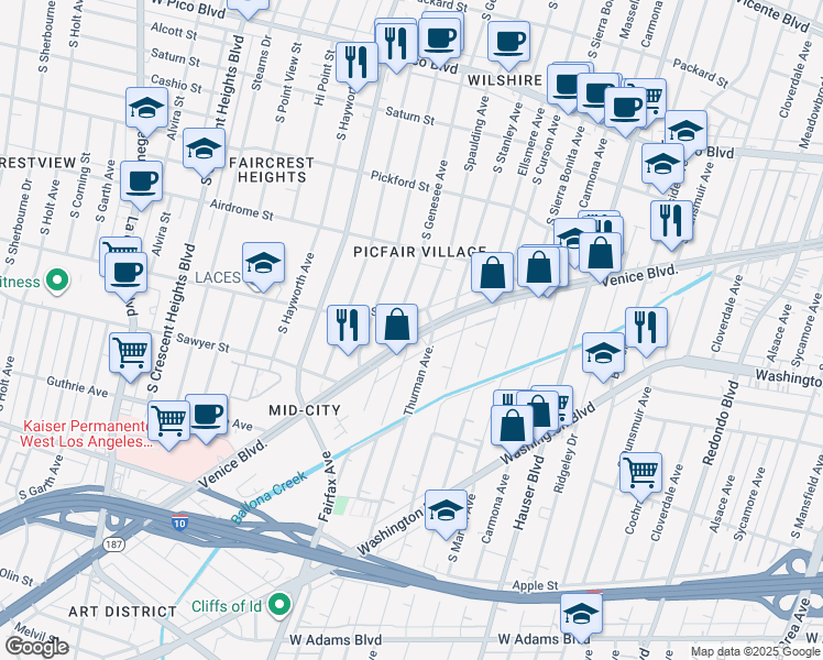 map of restaurants, bars, coffee shops, grocery stores, and more near 5811 Venice Boulevard in Los Angeles
