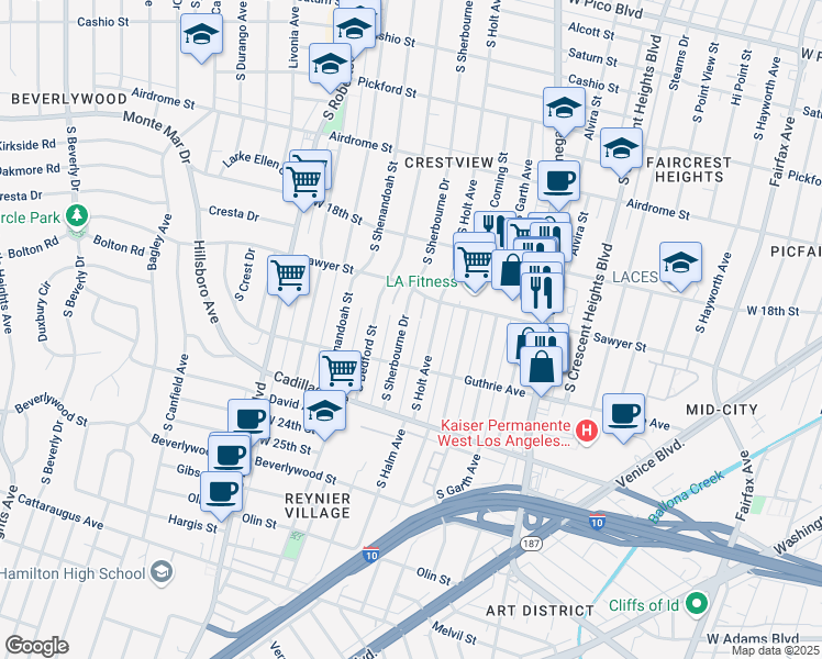 map of restaurants, bars, coffee shops, grocery stores, and more near 1935 South Holt Avenue in Los Angeles