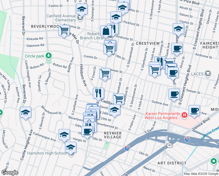 map of restaurants, bars, coffee shops, grocery stores, and more near 1957 Preuss Road in Los Angeles