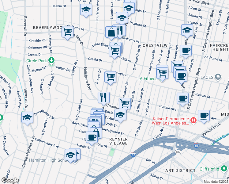 map of restaurants, bars, coffee shops, grocery stores, and more near 1957 Preuss Road in Los Angeles