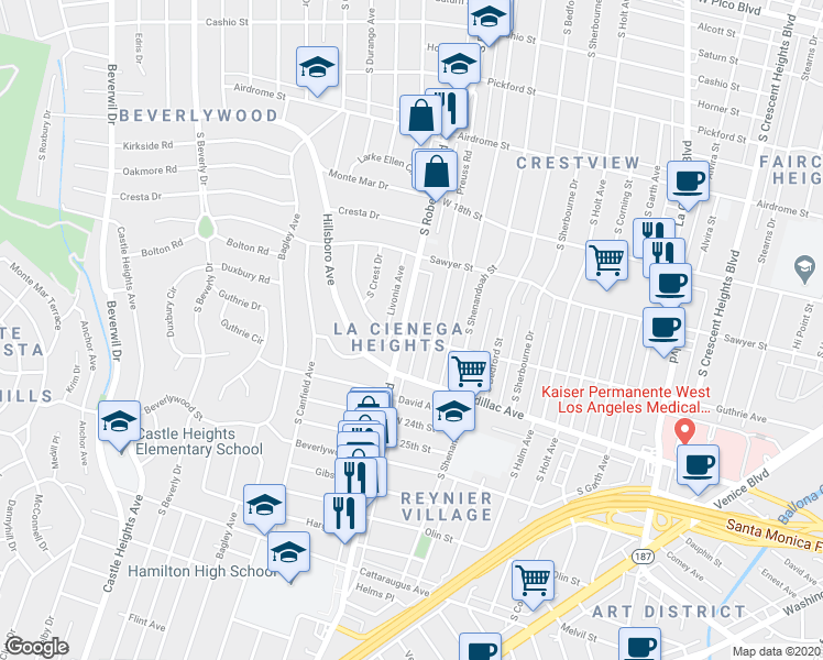 map of restaurants, bars, coffee shops, grocery stores, and more near 1952 South Robertson Boulevard in Los Angeles