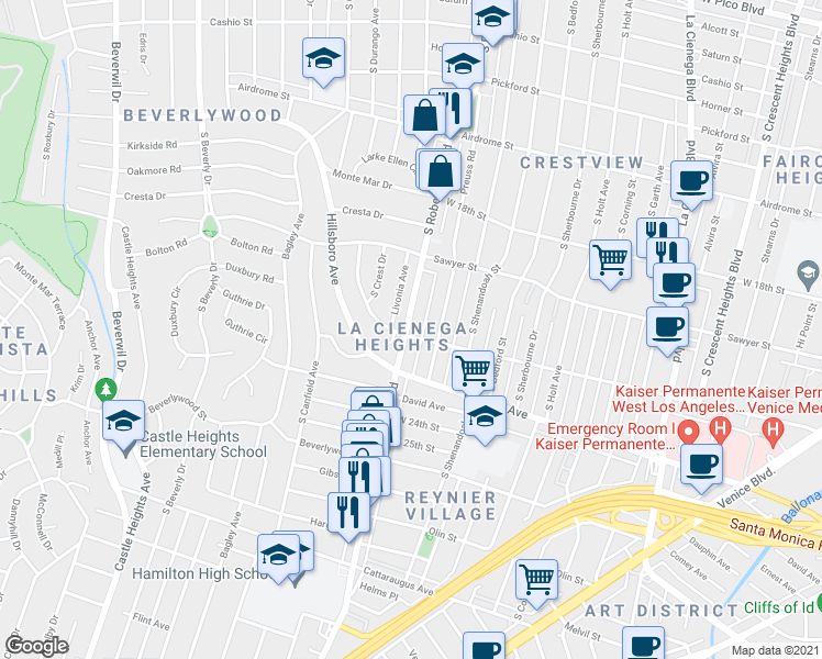 map of restaurants, bars, coffee shops, grocery stores, and more near 11-07 South Robertson Boulevard in Los Angeles