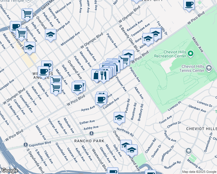map of restaurants, bars, coffee shops, grocery stores, and more near 10587 Ayres Avenue in Los Angeles