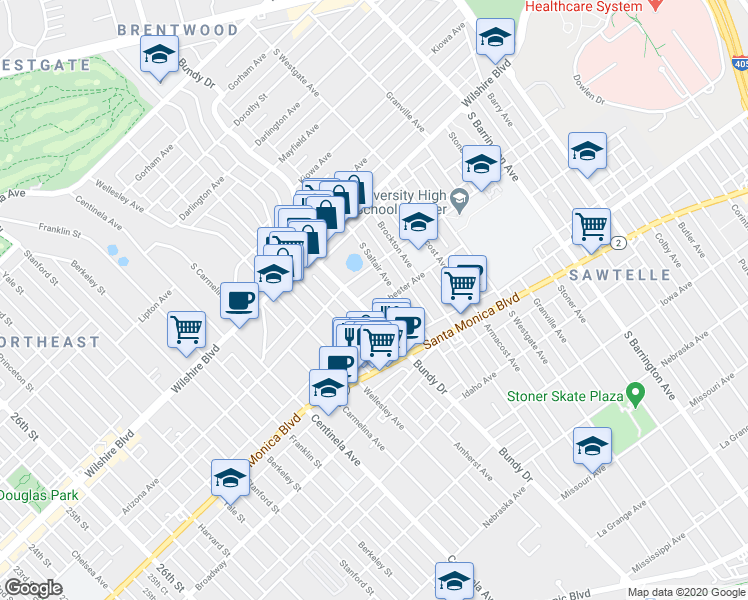 map of restaurants, bars, coffee shops, grocery stores, and more near 1316 South Bundy Drive in Los Angeles