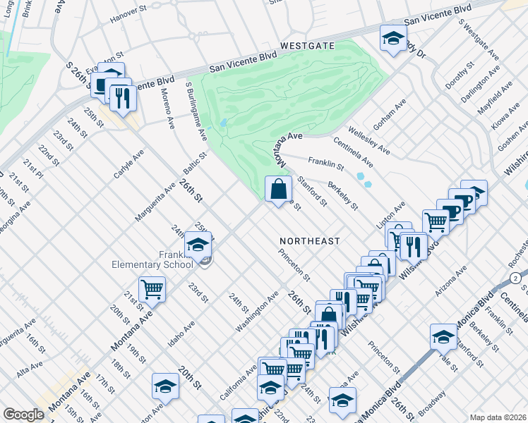 map of restaurants, bars, coffee shops, grocery stores, and more near 2722 Montana Avenue in Santa Monica