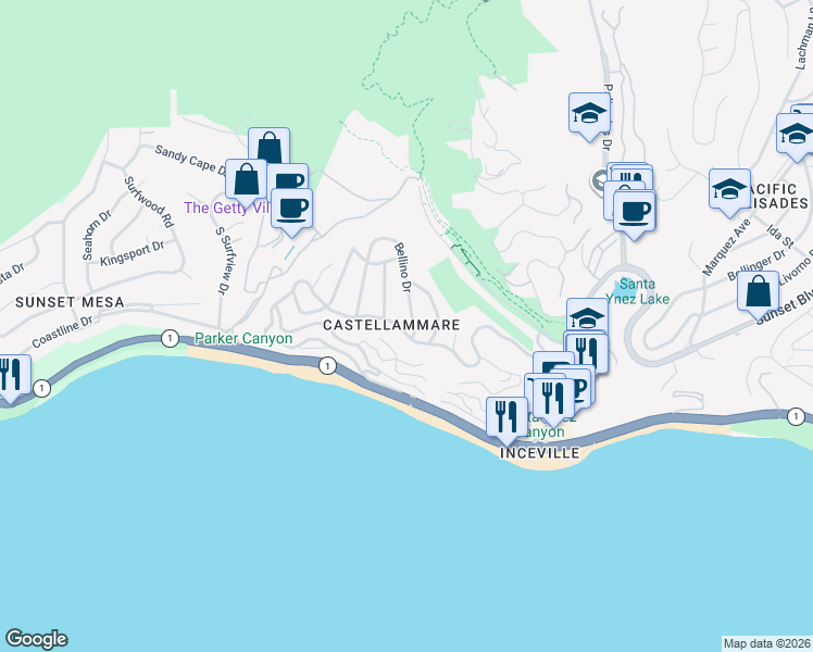 map of restaurants, bars, coffee shops, grocery stores, and more near 214 Bellino Drive in Los Angeles