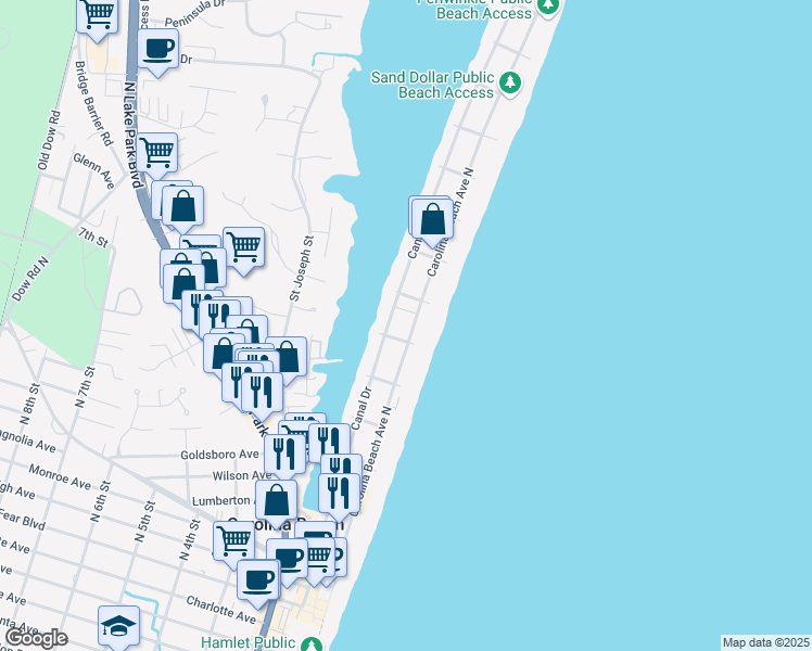 map of restaurants, bars, coffee shops, grocery stores, and more near 707 Carolina Beach Avenue North in Carolina Beach