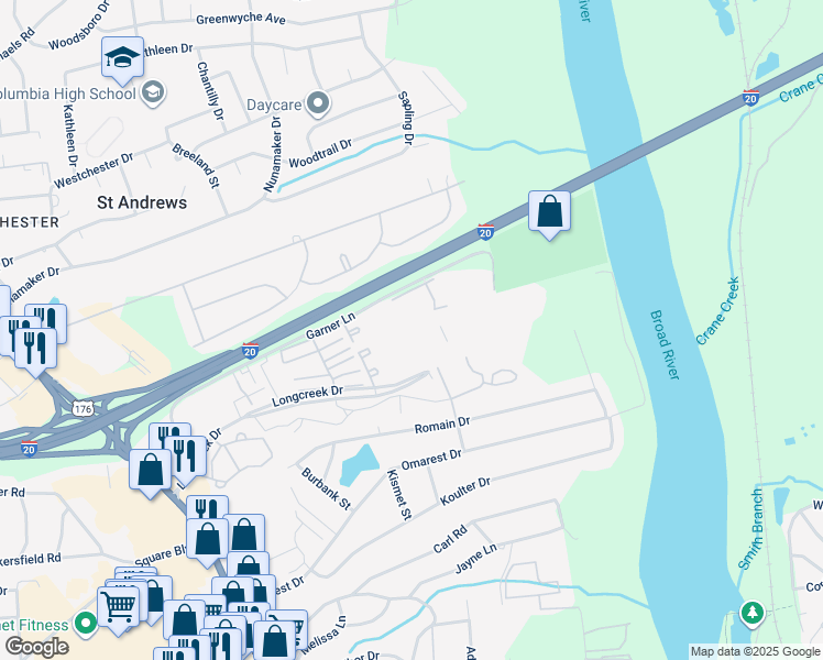 map of restaurants, bars, coffee shops, grocery stores, and more near 1701 Ashford Lane in Columbia
