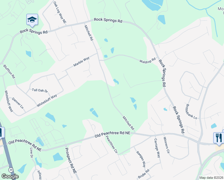 map of restaurants, bars, coffee shops, grocery stores, and more near 2373 Mitchell Road in Lawrenceville