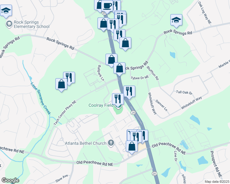map of restaurants, bars, coffee shops, grocery stores, and more near 2632 Ballpark Lane in Lawrenceville