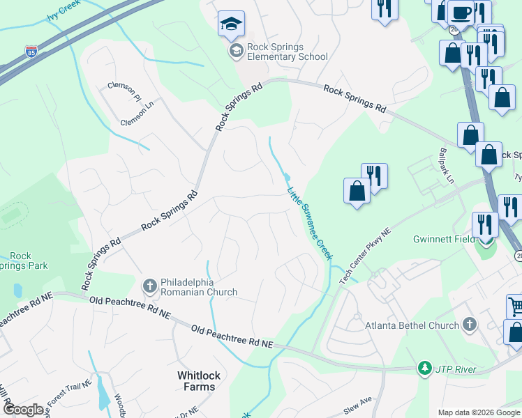 map of restaurants, bars, coffee shops, grocery stores, and more near 782 Rockfount Way in Lawrenceville
