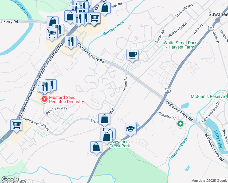 map of restaurants, bars, coffee shops, grocery stores, and more near 1035 Scales Road in Suwanee