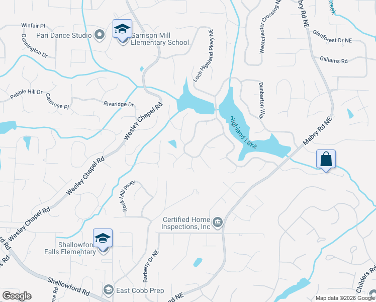 map of restaurants, bars, coffee shops, grocery stores, and more near 4167 Edinburgh Trail Northeast in Roswell
