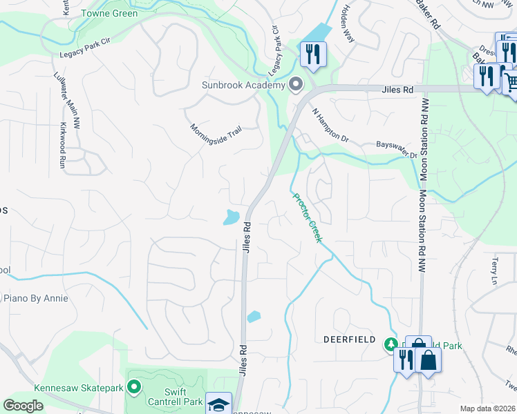 map of restaurants, bars, coffee shops, grocery stores, and more near 2800 Lone Oak Trail in Kennesaw