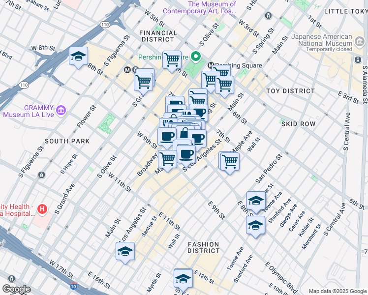 map of restaurants, bars, coffee shops, grocery stores, and more near 820 South Spring Street in Los Angeles