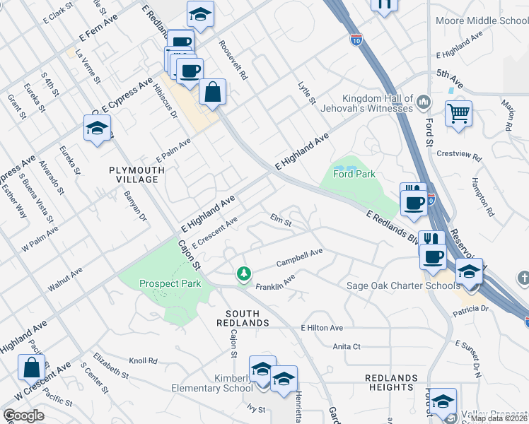 map of restaurants, bars, coffee shops, grocery stores, and more near 1204 Elm Street in Redlands
