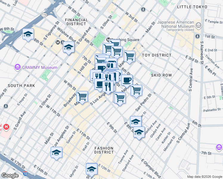 map of restaurants, bars, coffee shops, grocery stores, and more near 730 South Los Angeles Street in Los Angeles