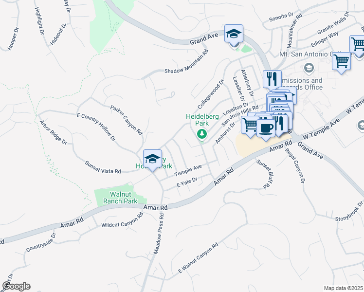map of restaurants, bars, coffee shops, grocery stores, and more near 1364 Wake Forest Avenue in Walnut