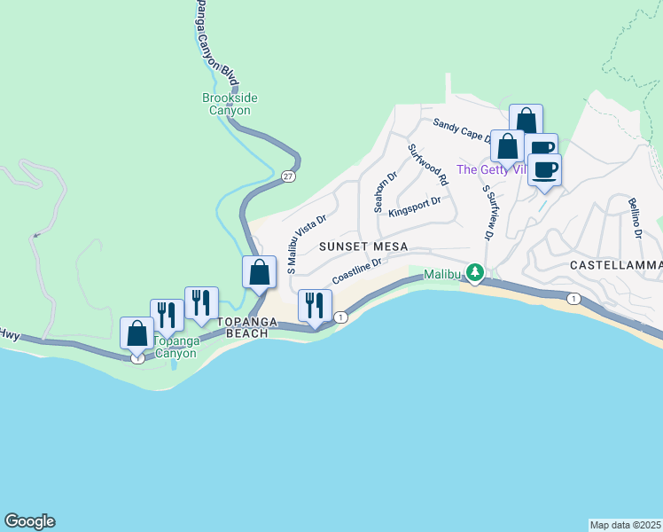 map of restaurants, bars, coffee shops, grocery stores, and more near 18354 Wakecrest Drive in Malibu