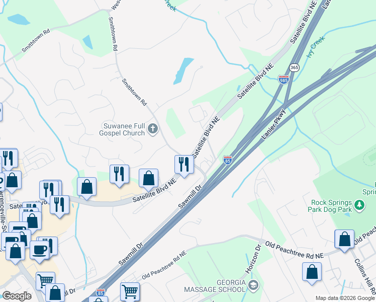 map of restaurants, bars, coffee shops, grocery stores, and more near 800 Satellite Boulevard Northeast in Suwanee