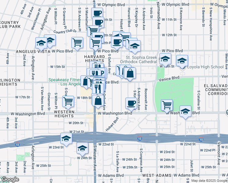 map of restaurants, bars, coffee shops, grocery stores, and more near 1706 Westmoreland Boulevard in Los Angeles