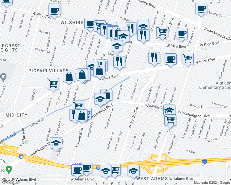 map of restaurants, bars, coffee shops, grocery stores, and more near 1830 Dunsmuir Avenue in Los Angeles