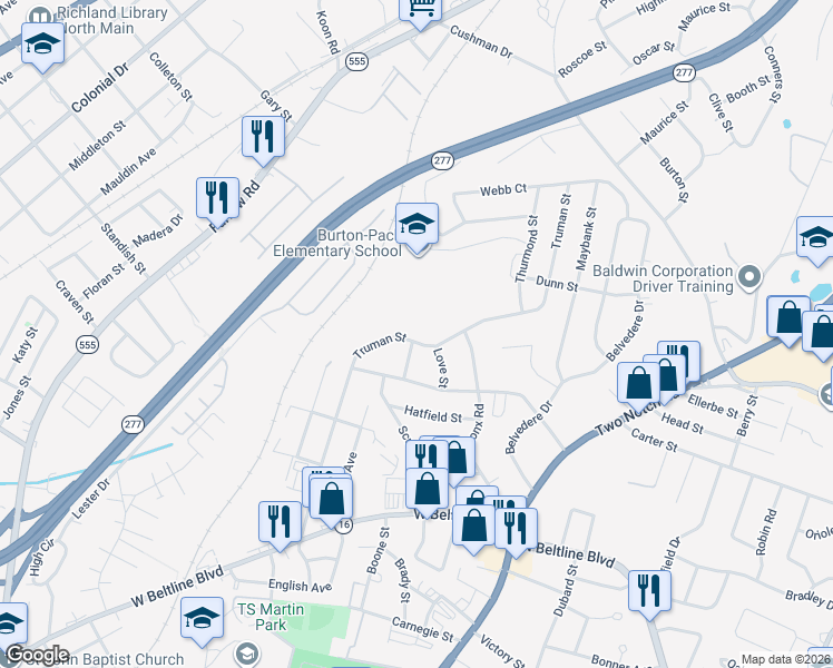map of restaurants, bars, coffee shops, grocery stores, and more near 3201 Truman St in Columbia