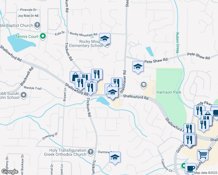 map of restaurants, bars, coffee shops, grocery stores, and more near 2510 Bluff Stone Trce in Marietta
