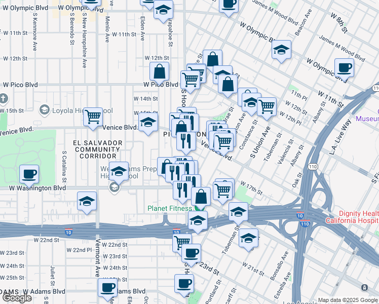 map of restaurants, bars, coffee shops, grocery stores, and more near 1702 South Hoover Street in Los Angeles