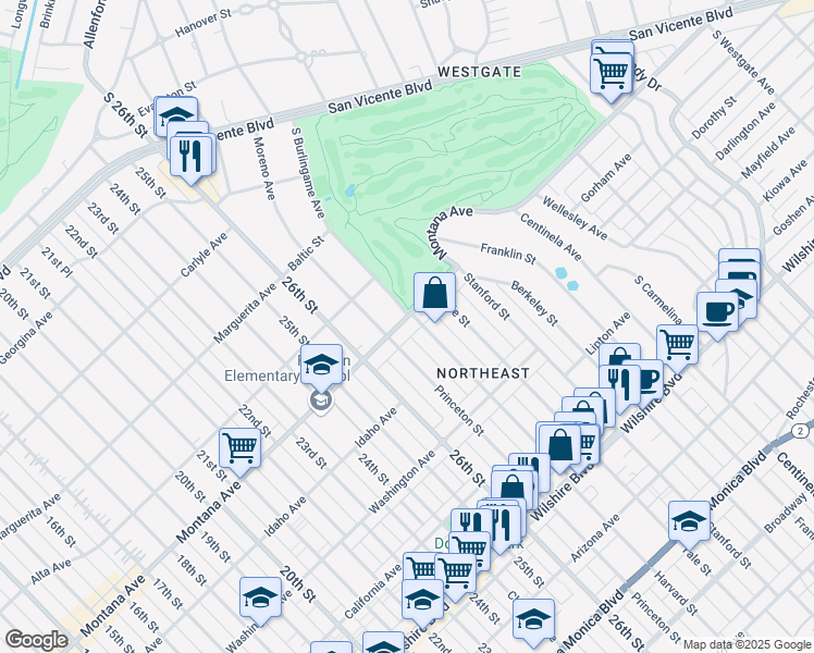 map of restaurants, bars, coffee shops, grocery stores, and more near 2722 Montana Avenue in Santa Monica