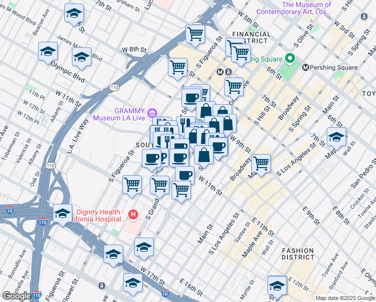 map of restaurants, bars, coffee shops, grocery stores, and more near 1029 S Grand Ave in Los Angeles