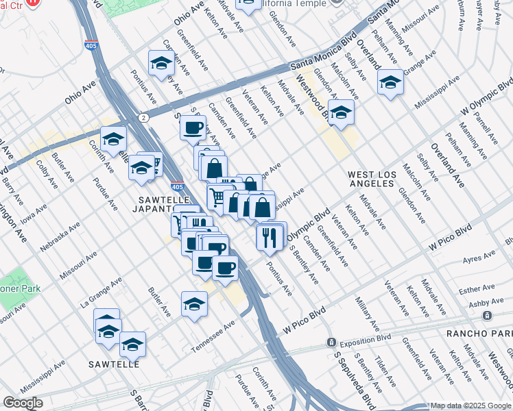 map of restaurants, bars, coffee shops, grocery stores, and more near 2031 South Bentley Avenue in Los Angeles