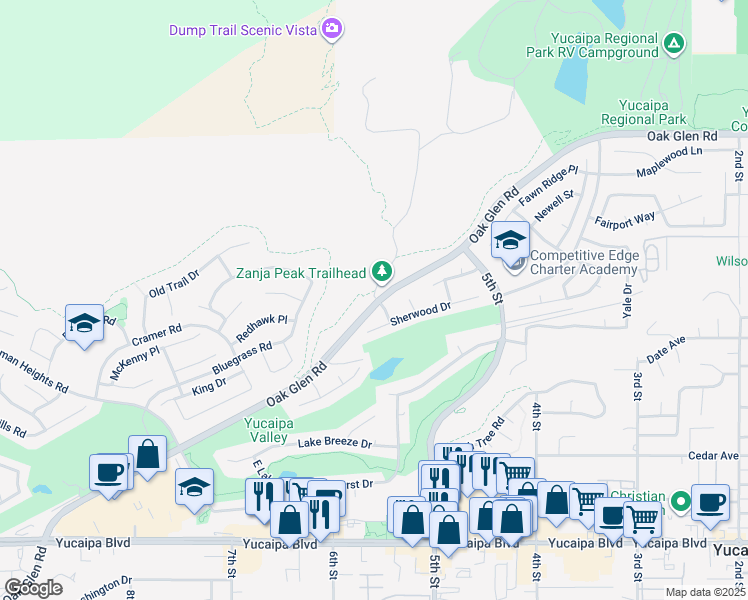 map of restaurants, bars, coffee shops, grocery stores, and more near 34232 Oak Glen Road in Yucaipa
