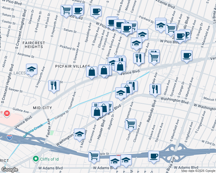 map of restaurants, bars, coffee shops, grocery stores, and more near 1744 Carmona Avenue in Los Angeles
