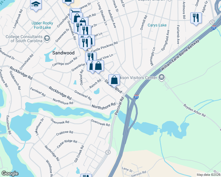 map of restaurants, bars, coffee shops, grocery stores, and more near 1635 Decker Boulevard in Columbia