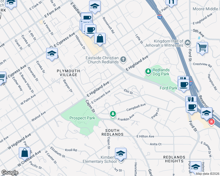 map of restaurants, bars, coffee shops, grocery stores, and more near in Redlands